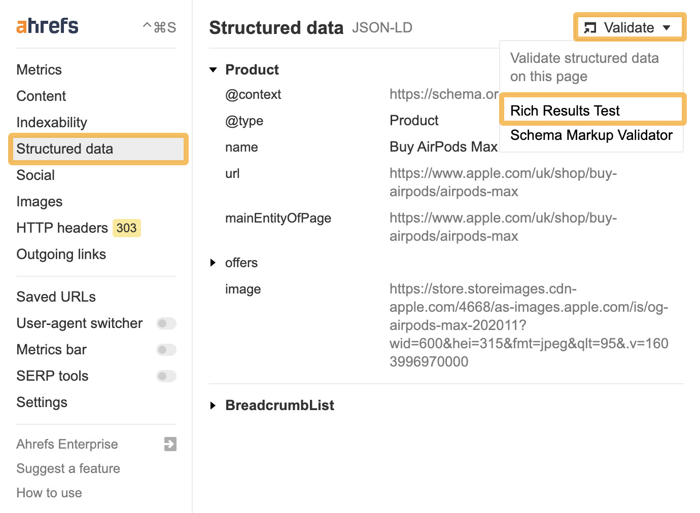 Accès à des tests de résultats riches, via la barre d'outils Ahrefs SEO