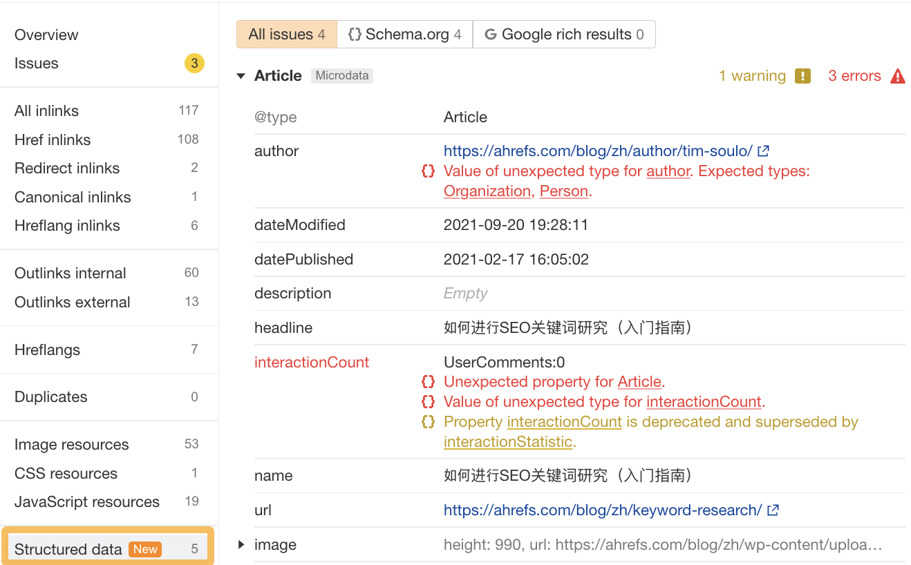 Reporting de données structuré, via Ahrefs Site Audit