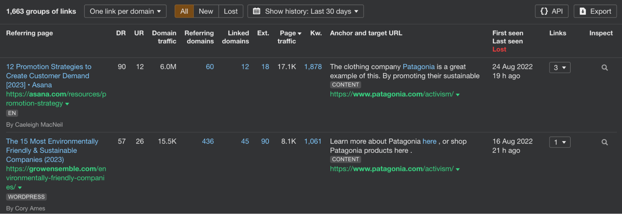 Lien vers la page Patagonia Activism, via Ahrefs Site Explorer