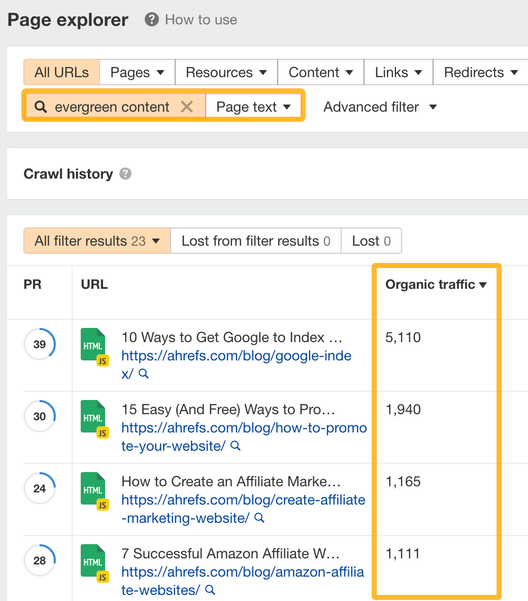 Comment trouver des pages avec du trafic sur votre site Web pour ajouter des liens internes, à l'aide d'Ahrefs Site Audit