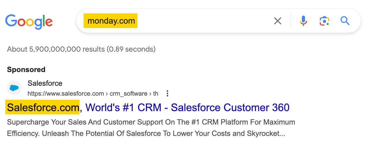 Exemple de Salesforce diffusant une annonce Google sur le nom d'un concurrent