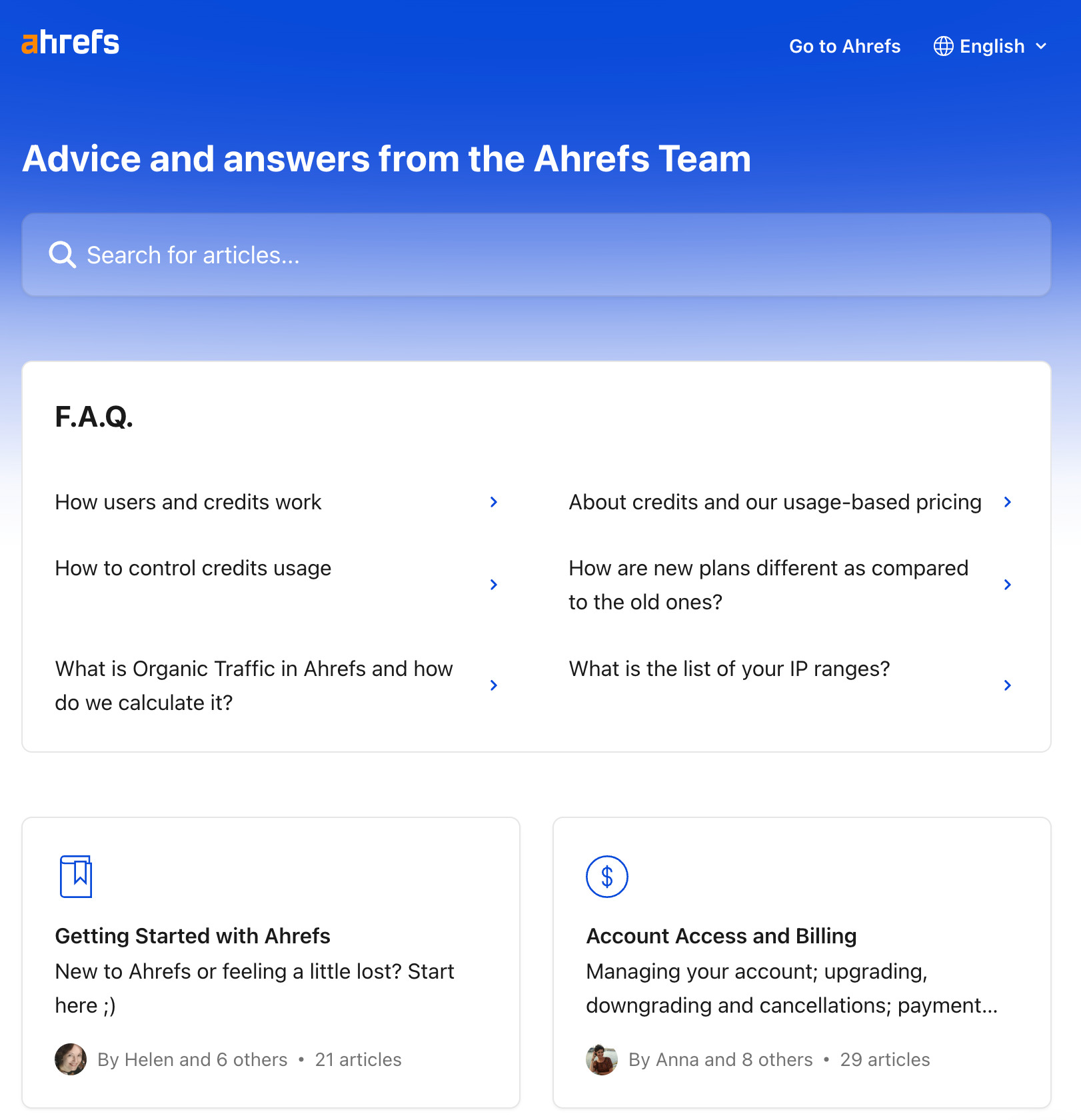 Ahrefs' "aide" section