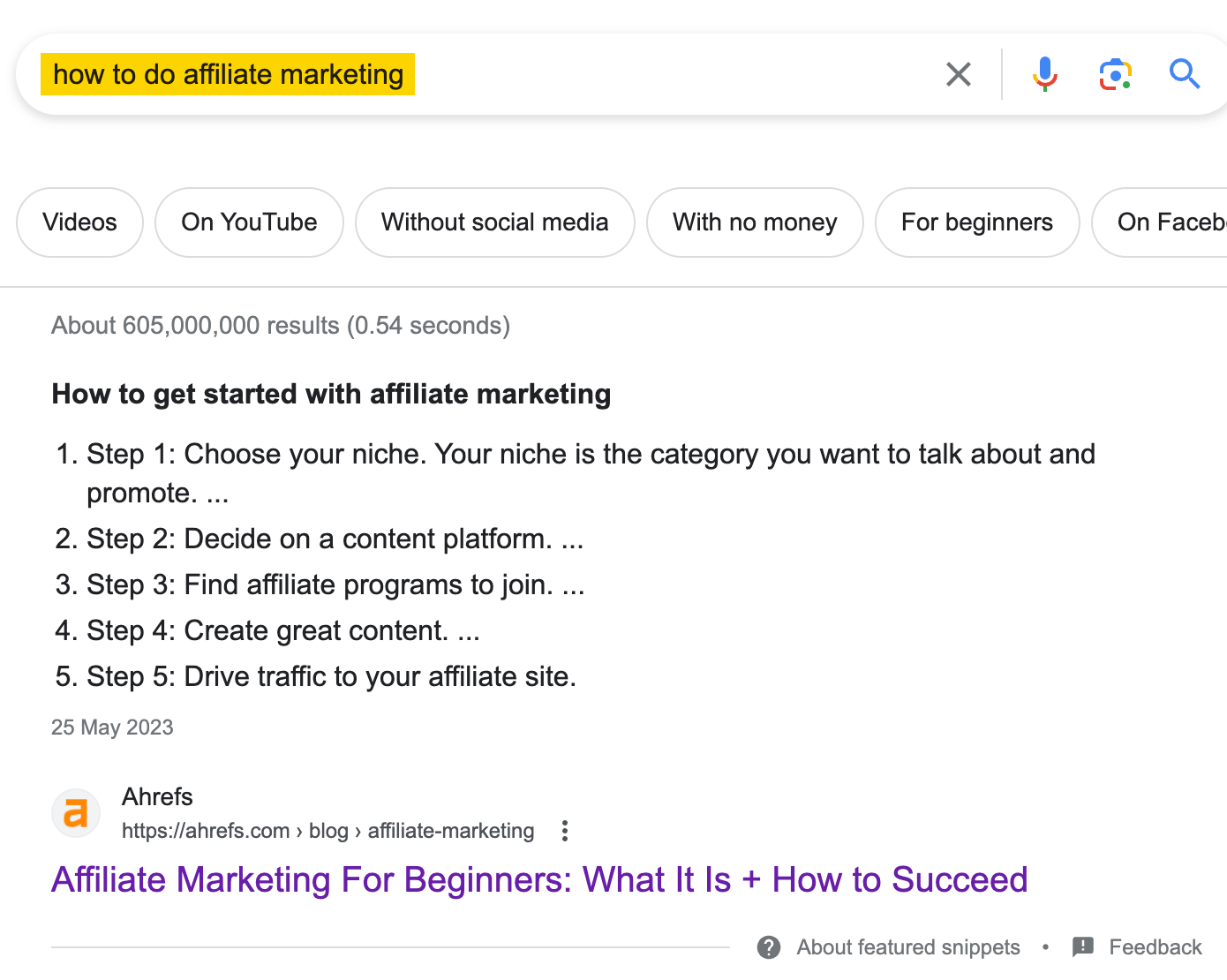 Ahrefs se classe premier dans le SERP de Google pour "comment faire du marketing d'affiliation"
