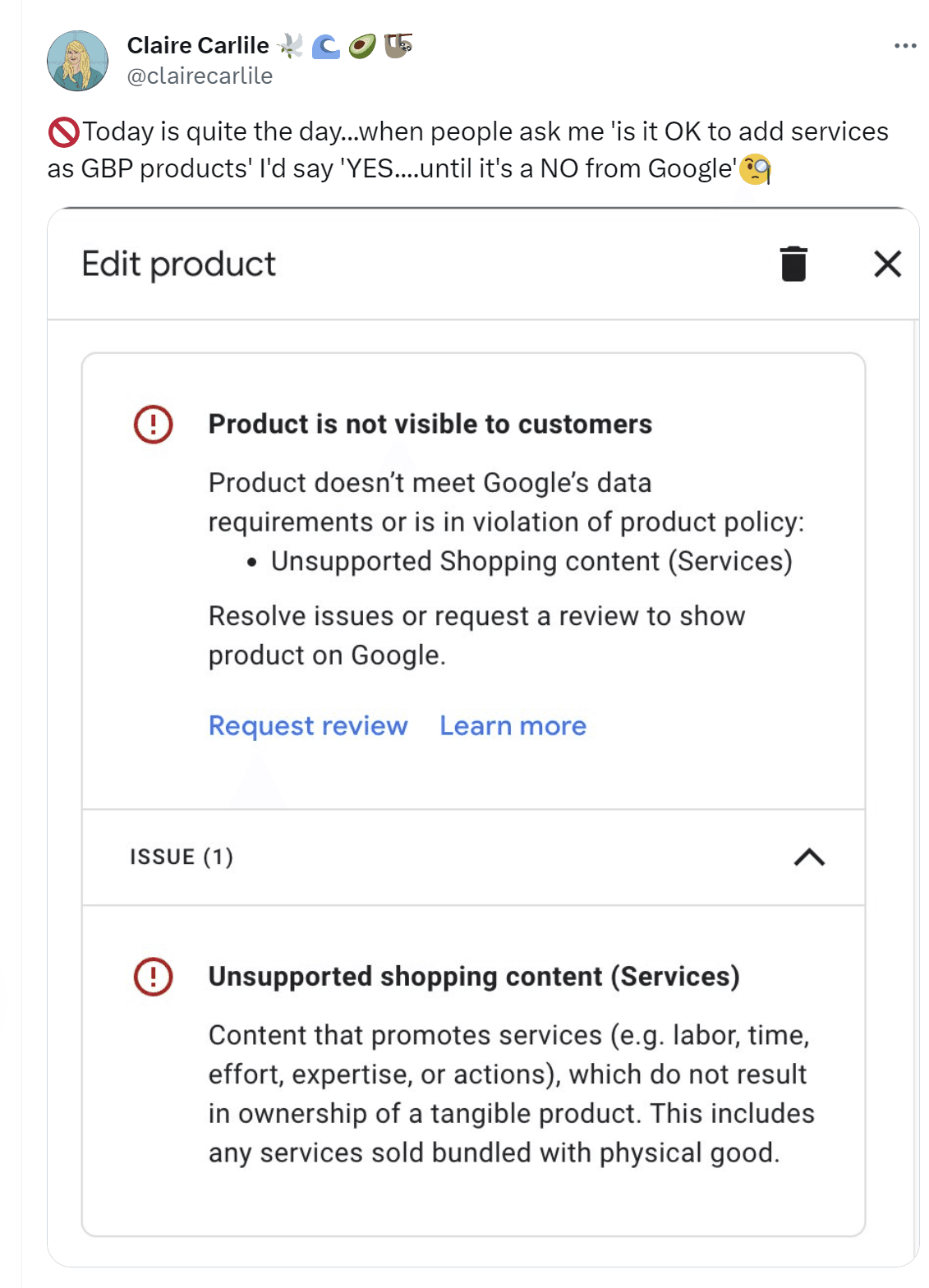 Google refuse désormais de charger les services en tant que produits et fournit un message de contenu non pris en charge.